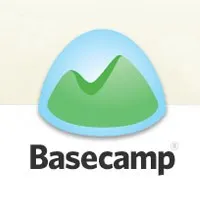 Basecamp logo with a blue mountain-like shape over a green hill and the word “Basecamp” in black below.