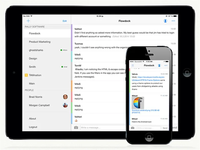Tablet and smartphone display a team messaging app, with conversation threads, contacts, and colorful interface elements.