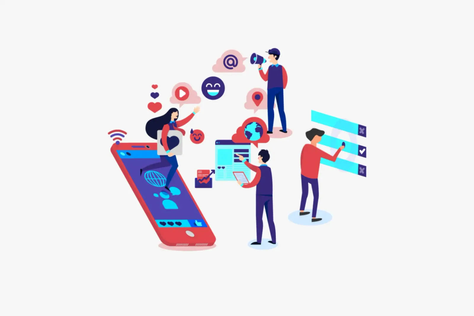 Illustration of a social media marketing campaign with content creation, audience engagement, and digital communication