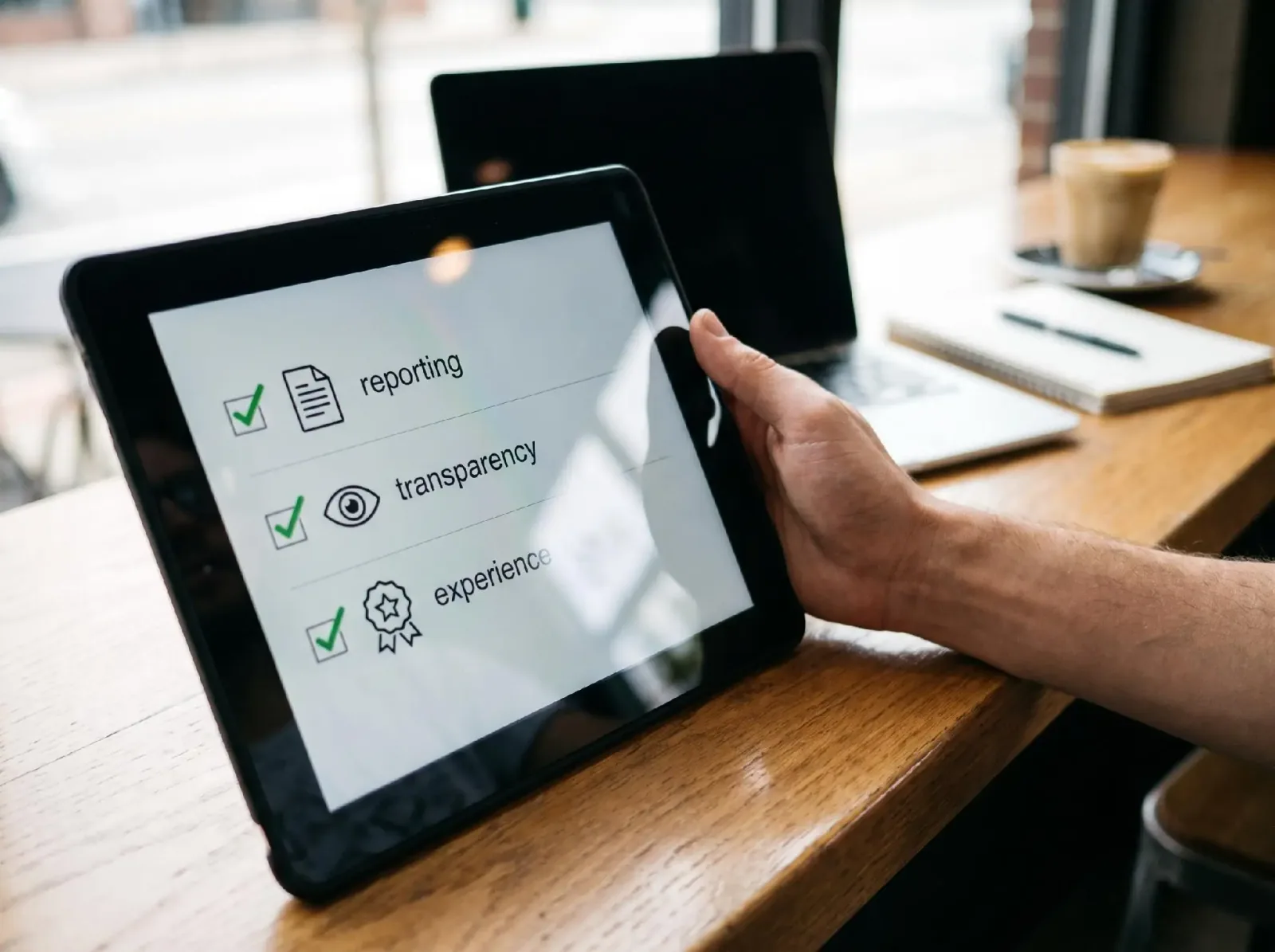 Digital tablet displaying transparent white label PPC reporting, campaign transparency, and agency experience