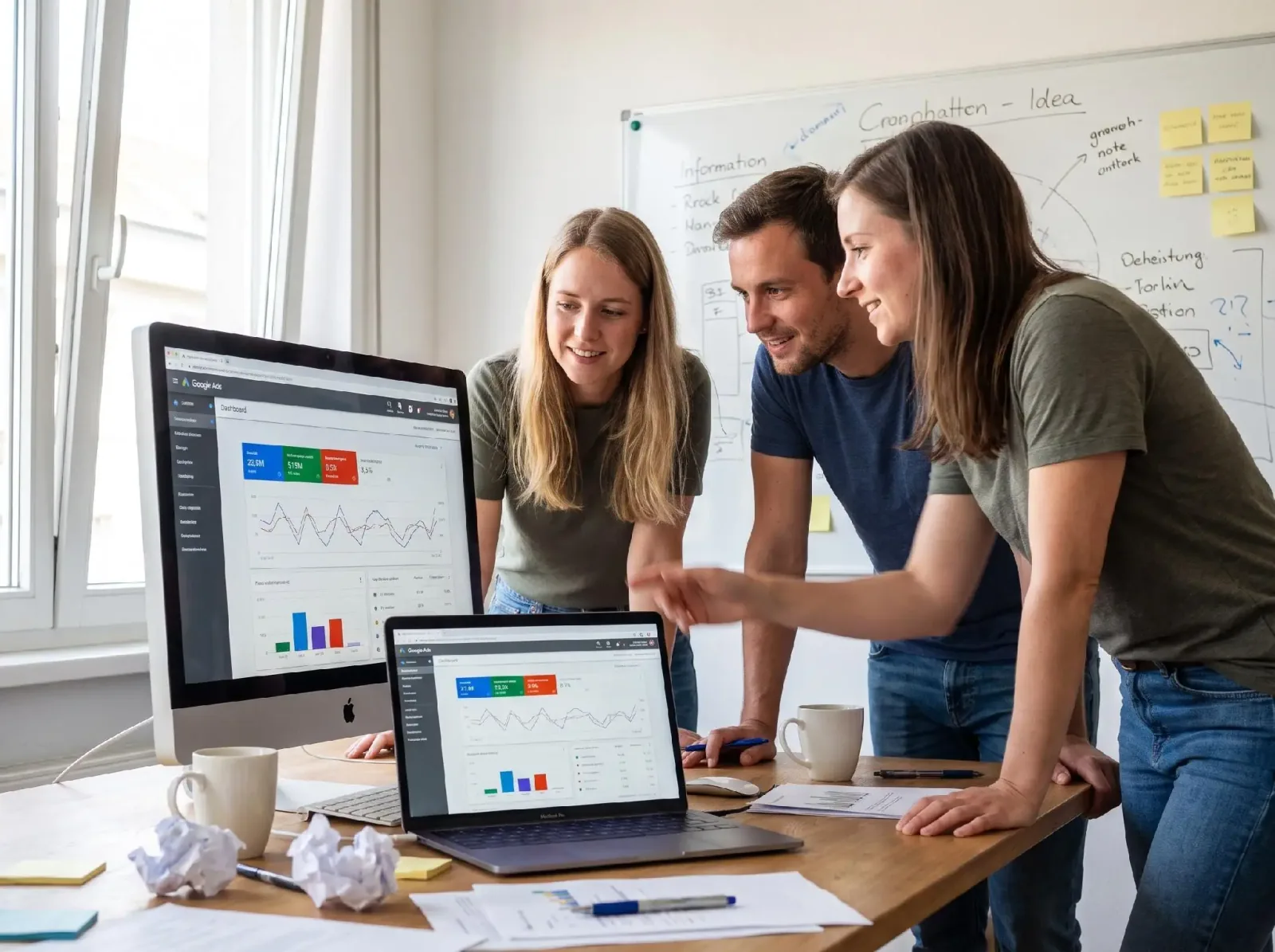 White label PPC agency team reviewing Google Ads campaign performance and analytics dashboard together