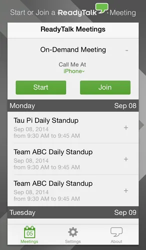 Smartphone screen displays ReadyTalk Meetings interface with meeting entries, dates, green Start and Join buttons, and navigation icons.