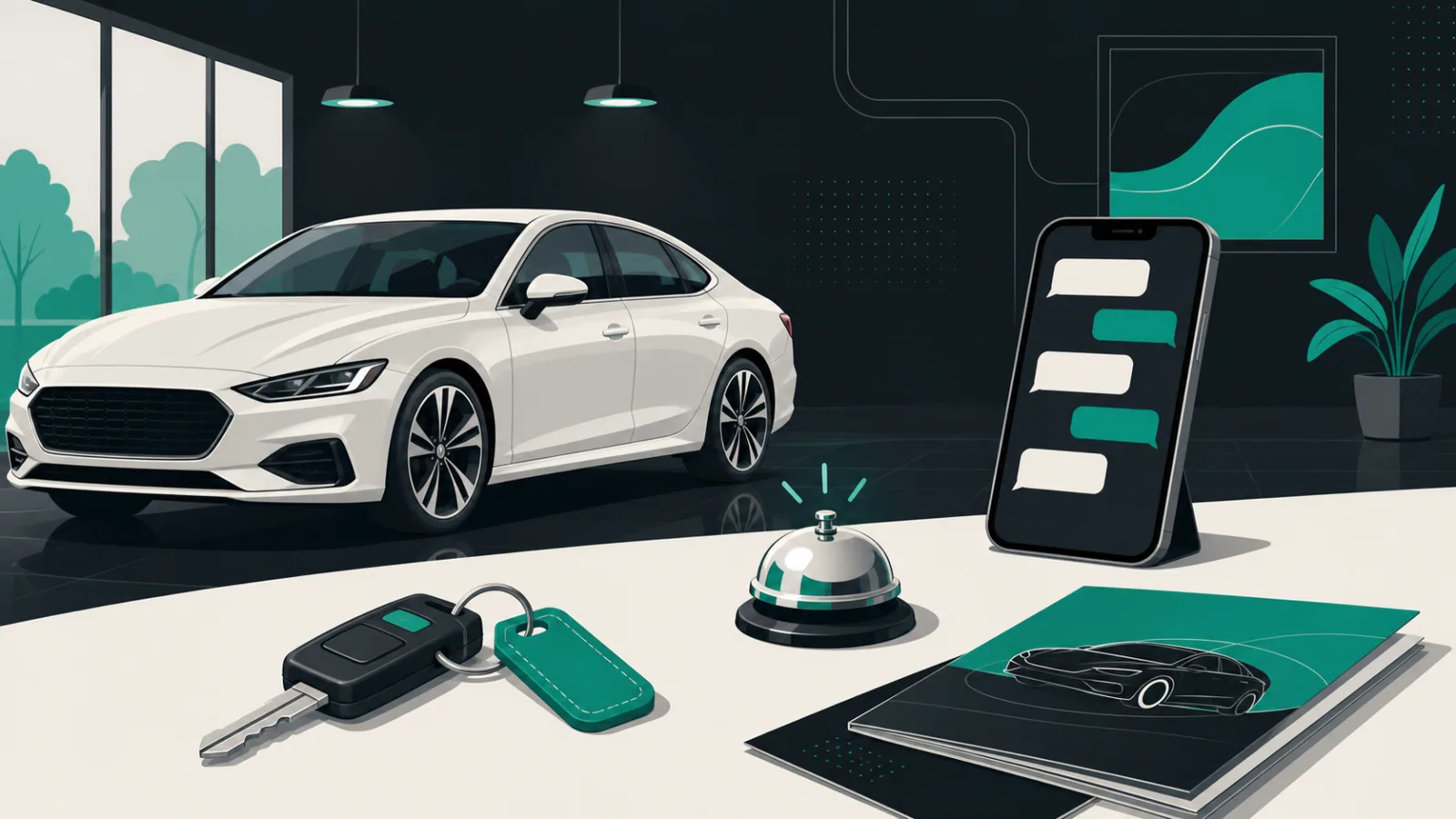 Smartphone with blank message bubbles beside car keys, brochures, a sales bell, and a polished vehicle.