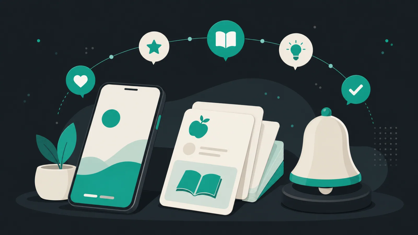 Smartphone, lesson cards, school bell, and floating notification bubbles form a tidy educational communication scene.