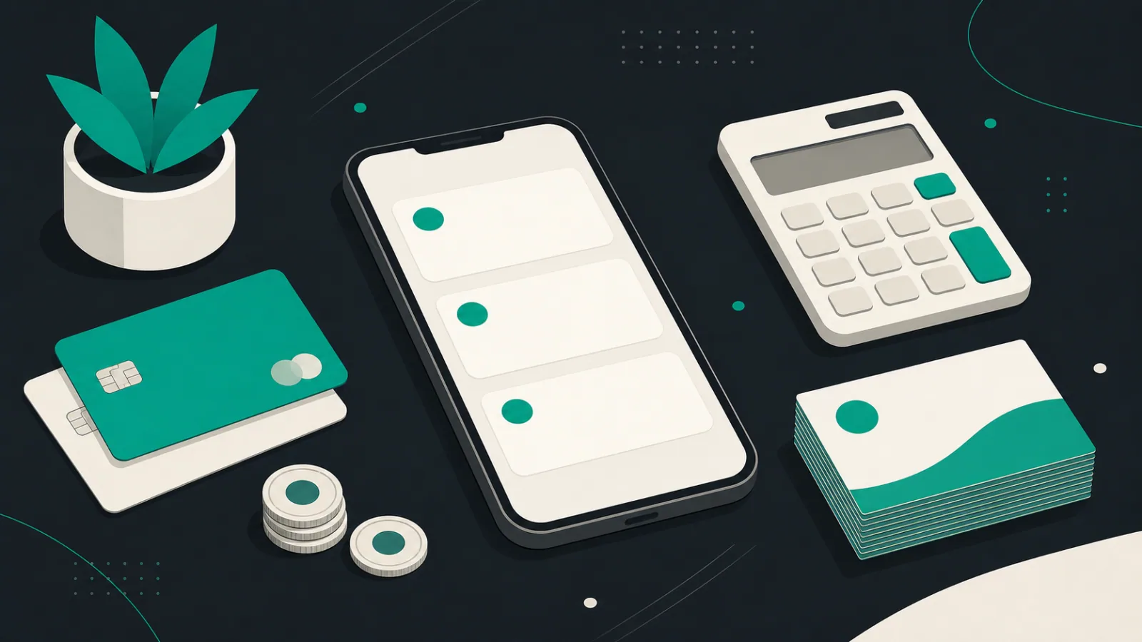 Smartphone, calculator, bank cards, coins, and blank campaign cards arranged on a tidy banking desk.