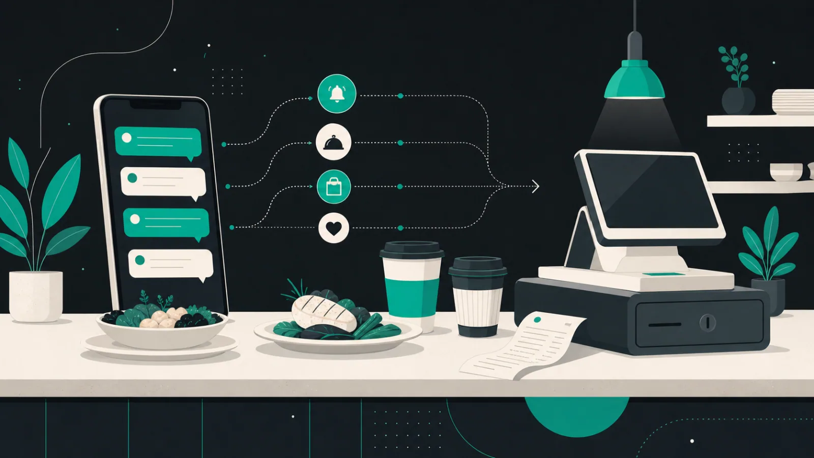 Smartphone, plated meals, takeaway cups, receipt, and cash register arranged on a restaurant counter.