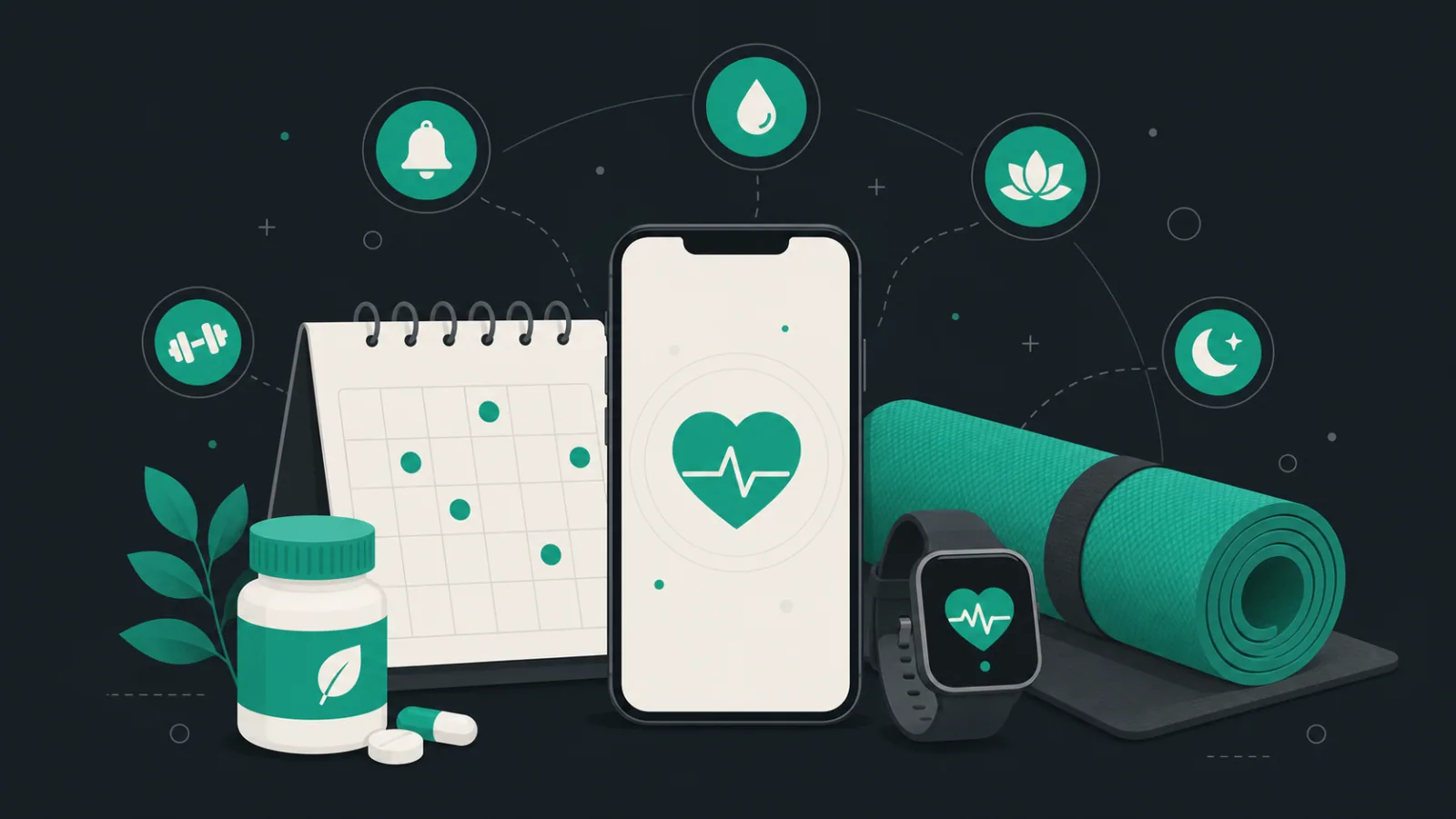 Smartphone beside a clinic calendar, medicine bottle, heart-rate monitor, and yoga mat with colorful notification badges.