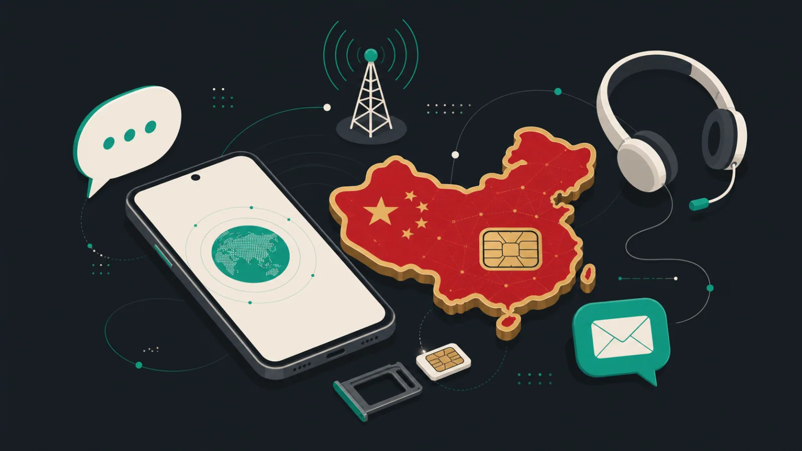 Smartphone, China-shaped card, SIM tray, antenna, headset, and speech and message bubbles sit together.