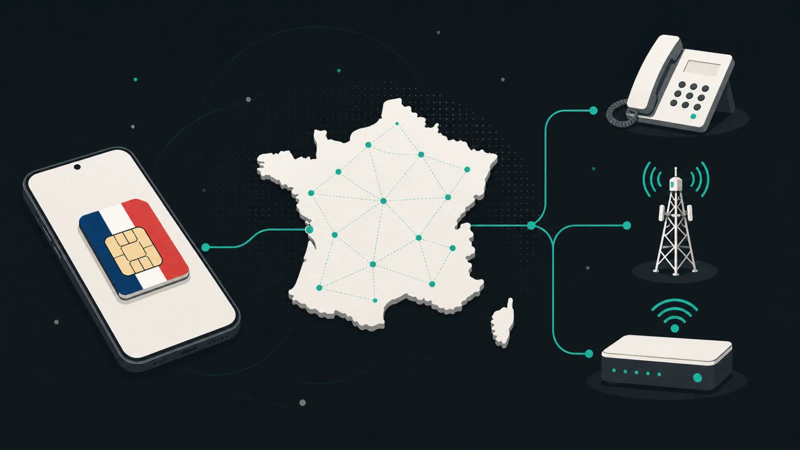 Smartphone, tricolour SIM card, France-shaped map, office handset, carrier tower, and router arranged in a connected network.