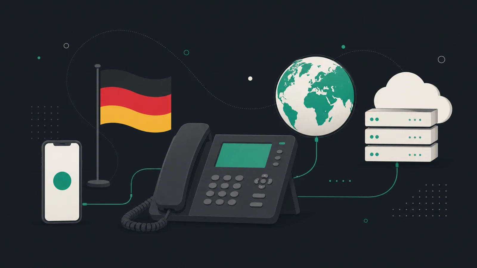 Smartphone, German flag, globe, cloud server and desk phone are connected by cables on a business workspace.