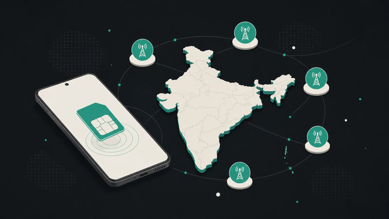 Smartphone, India-shaped card, virtual SIM chip, and connected network nodes sit together on a clean surface.