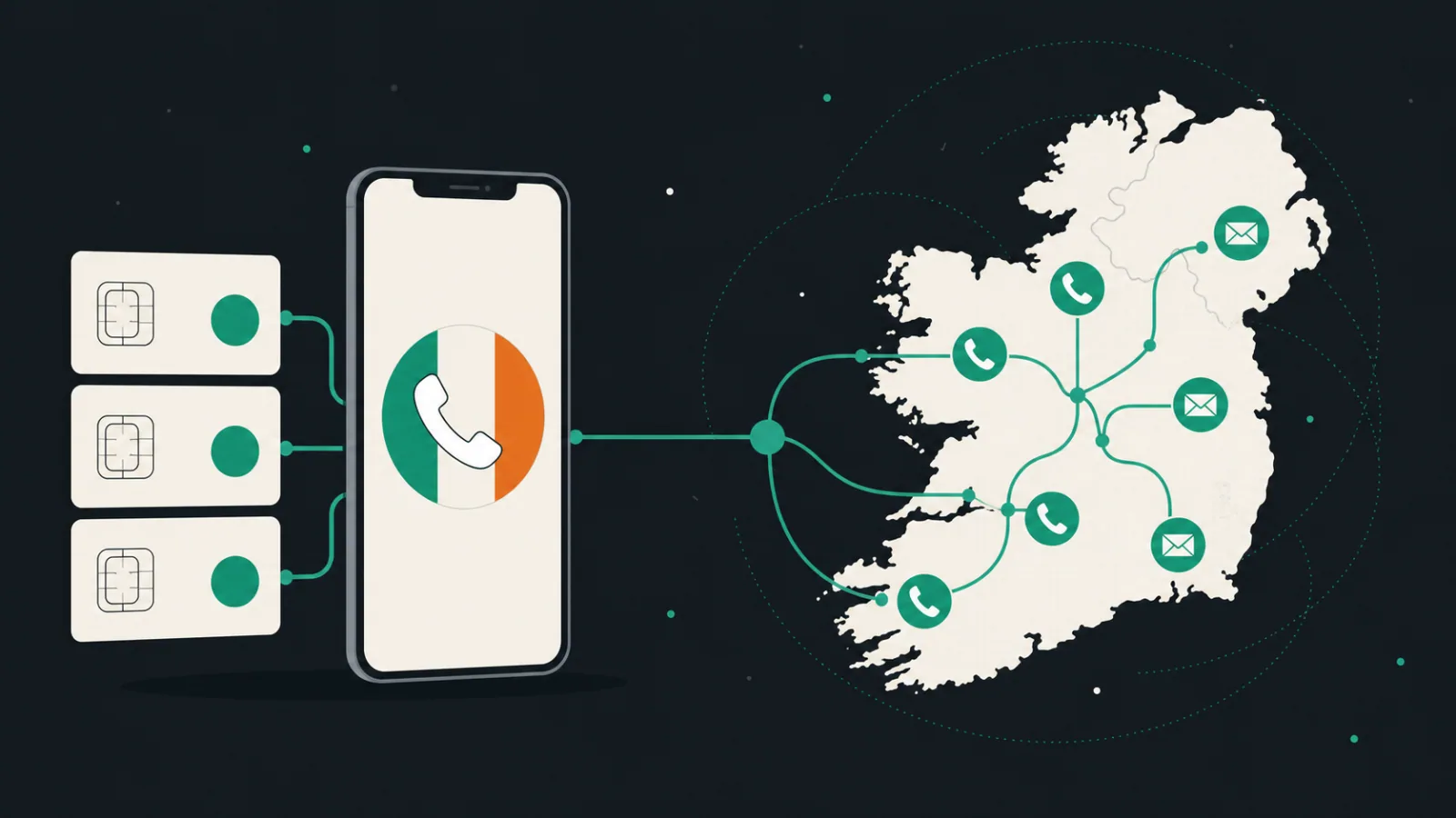 Smartphone, Irish map, provider cards, branching cables, phone receiver, and message bubble arranged on a clean desk.