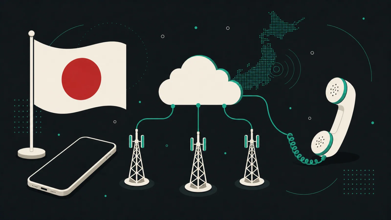 Smartphone, Japanese flag, cloud cables, cellular towers, and telephone handset arranged on a clean desk.
