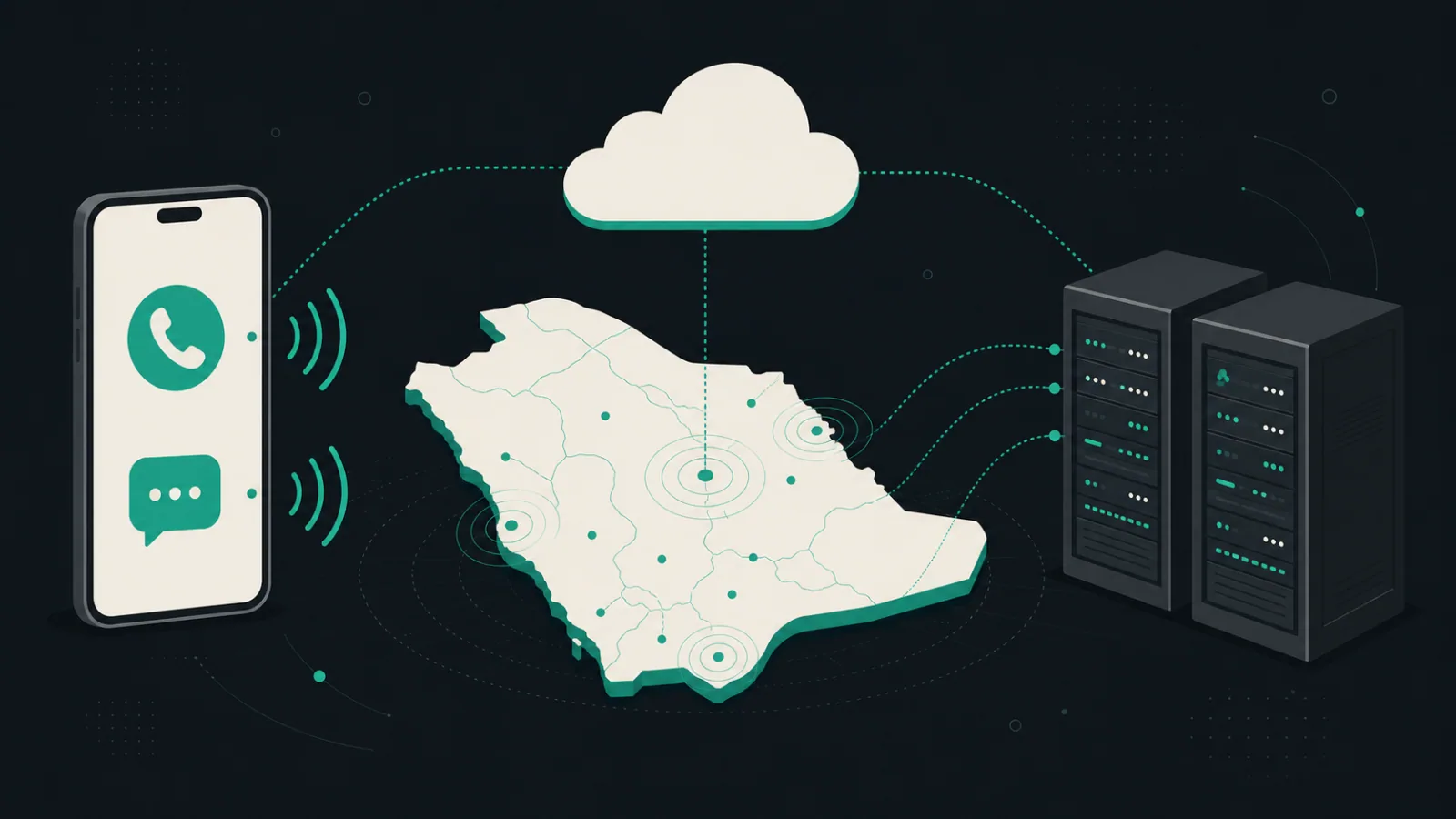 Smartphone, cloud, Saudi map, server racks, call waves, and message bubbles arranged as a connected communication system.