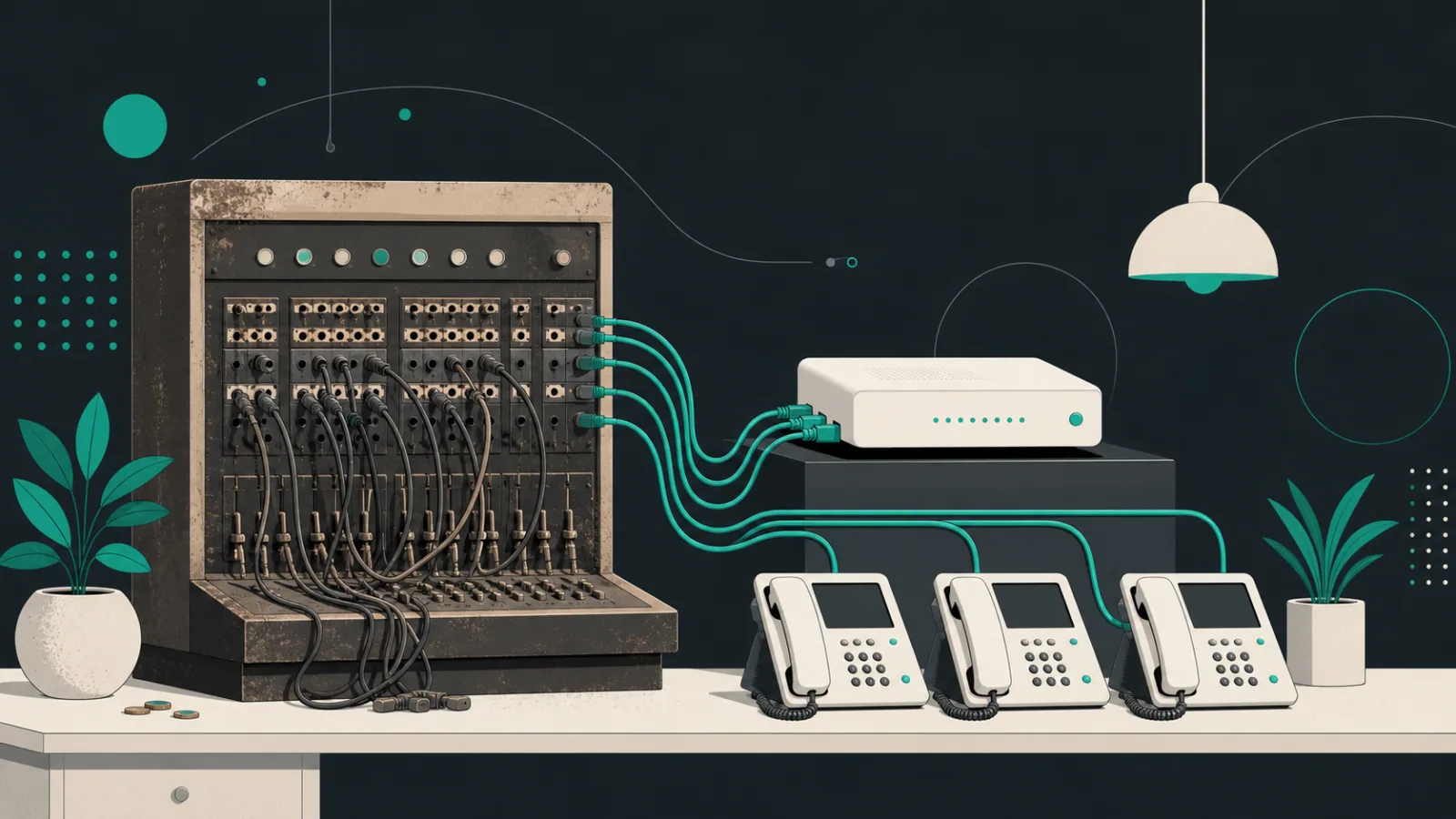 Switchboard, router, desk phones, blue network cables, and coins arranged from obsolete hardware toward a streamlined communication setup.