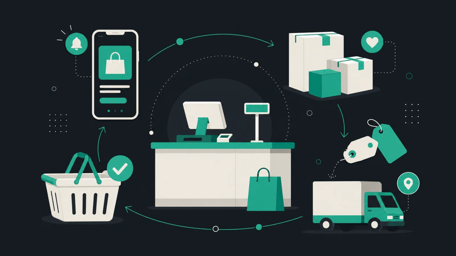 Smartphone, shopping basket, parcels, price tags, and notification badges surround a compact checkout counter.
