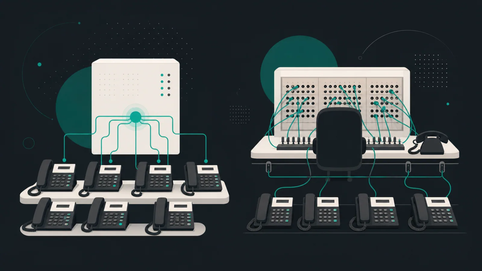 Switchboards, desk phones, cables, and an operator demonstrate automatic and manual call routing.
