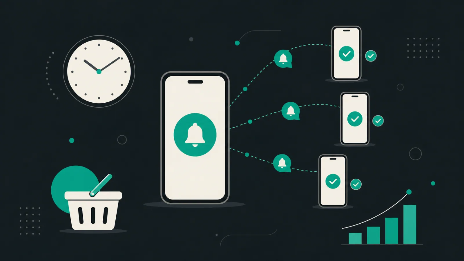 Smartphones receive matching notification bubbles beside a clock, shopping basket, and ascending bar chart.