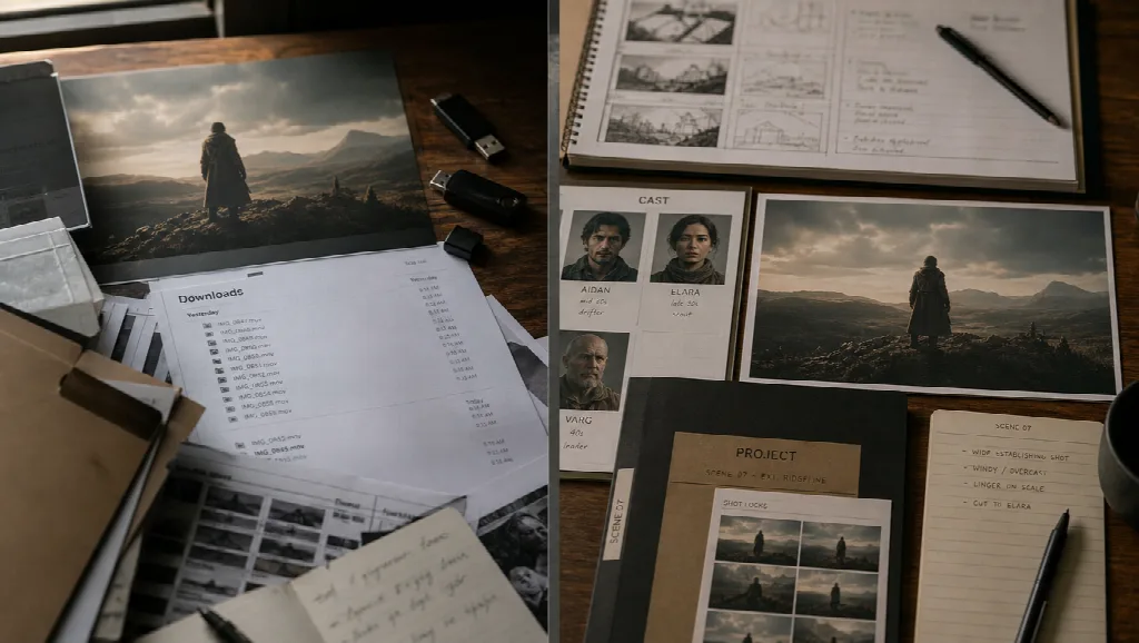 Storyboard materials cover a desk, including landscape photographs, cast sheets, handwritten notes, printed downloads, and USB drives.