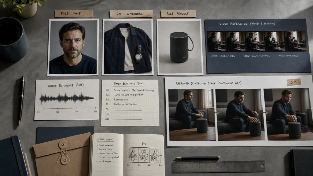 Storyboard displays a man, clothing, speaker, video reference frames, audio waveform, timed notes, and scene sketches on a desk.