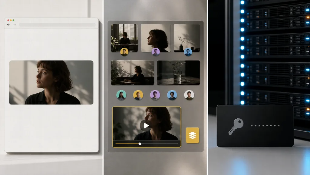 Video conferencing interface displays participants and a woman’s video beside illuminated server racks and a black key-marked device.