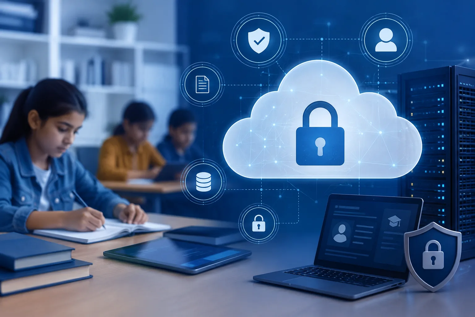 Students write at desks beside a laptop, tablet, server rack, and blue cloud-security graphics with locks and shields.
