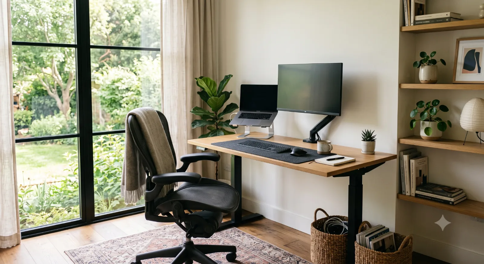 Workspace features a wooden desk, laptop, monitor, ergonomic chair, plants, bookshelves, and a garden view through large windows.