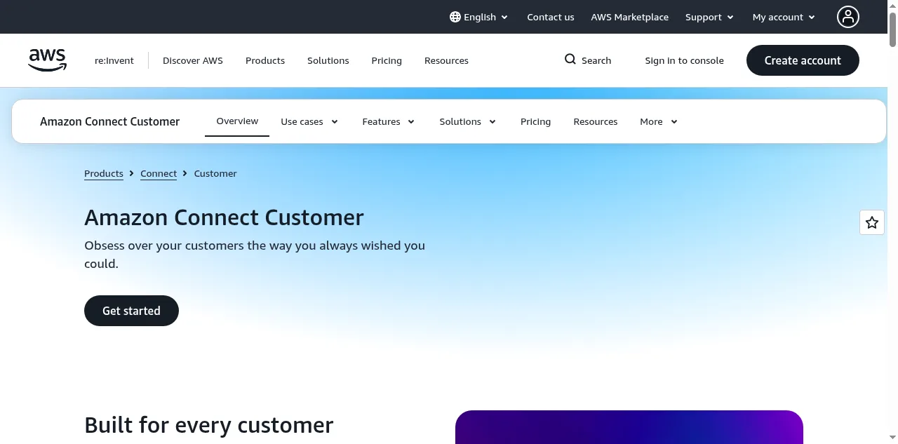 Webpage displays Amazon Connect Customer heading, navigation bars, blue gradient hero, and a dark Get started button.
