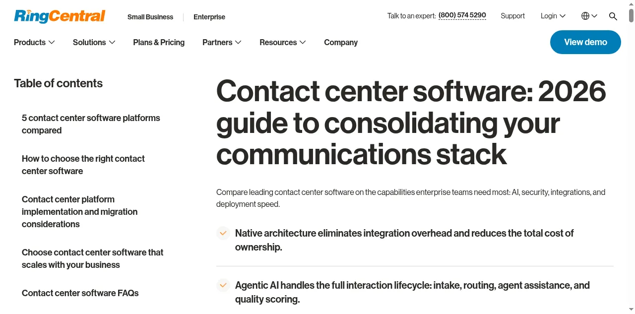 Webpage displays RingCentral’s contact center software 2026 guide, navigation menus, table of contents, and feature highlights.