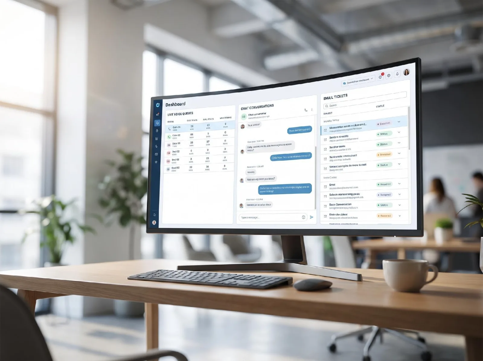 Monitor displays a customer service dashboard with voice queues, chat conversations, and email tickets on a wooden office desk.