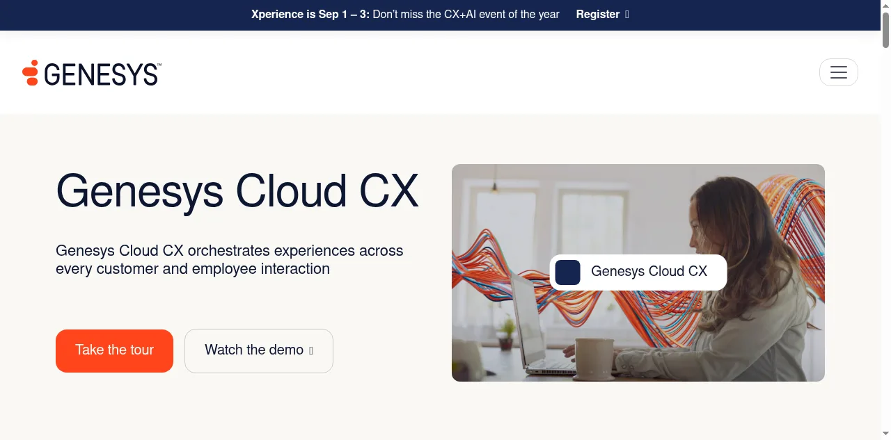 Website landing page shows Genesys Cloud CX text, buttons, and a woman using a laptop beside colorful flowing lines.