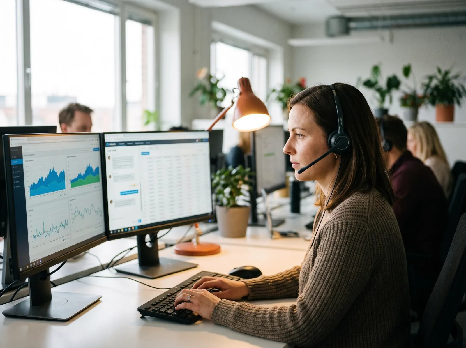 Woman wearing a headset types beside dual monitors displaying analytics in a bright office with coworkers and plants.