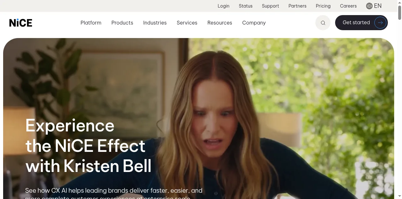 Website homepage shows Kristen Bell leaning forward indoors beside large white promotional text and navigation menus.