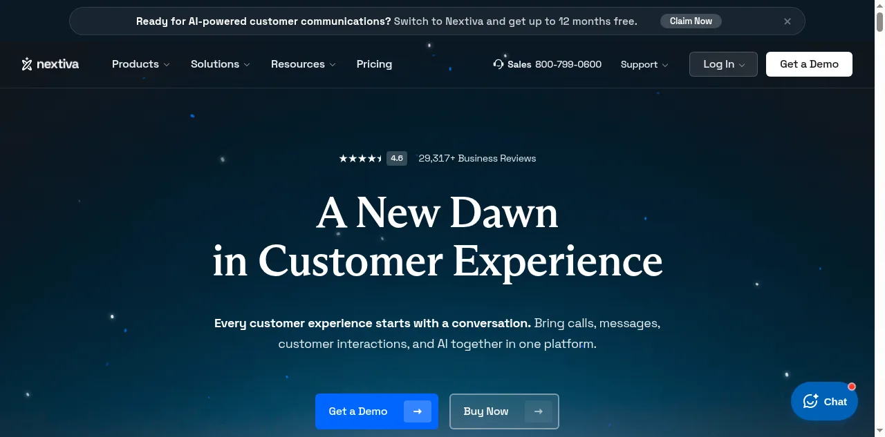 Website homepage displays a dark blue Nextiva hero section with navigation, customer-experience headline, review rating, buttons, and chat widget.