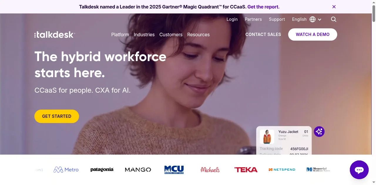 Website homepage shows a smiling person, purple overlay, white navigation, bold hybrid-workforce text, yellow button, and customer logos below.