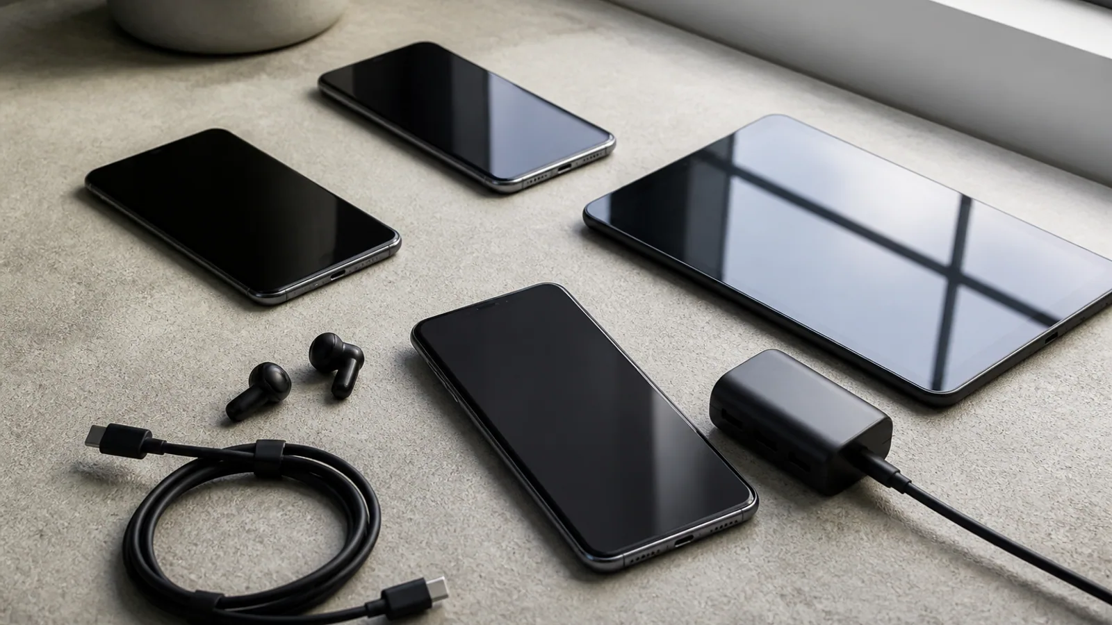Android phones, tablet, cables, earbuds, and charging hub arranged on a desk.