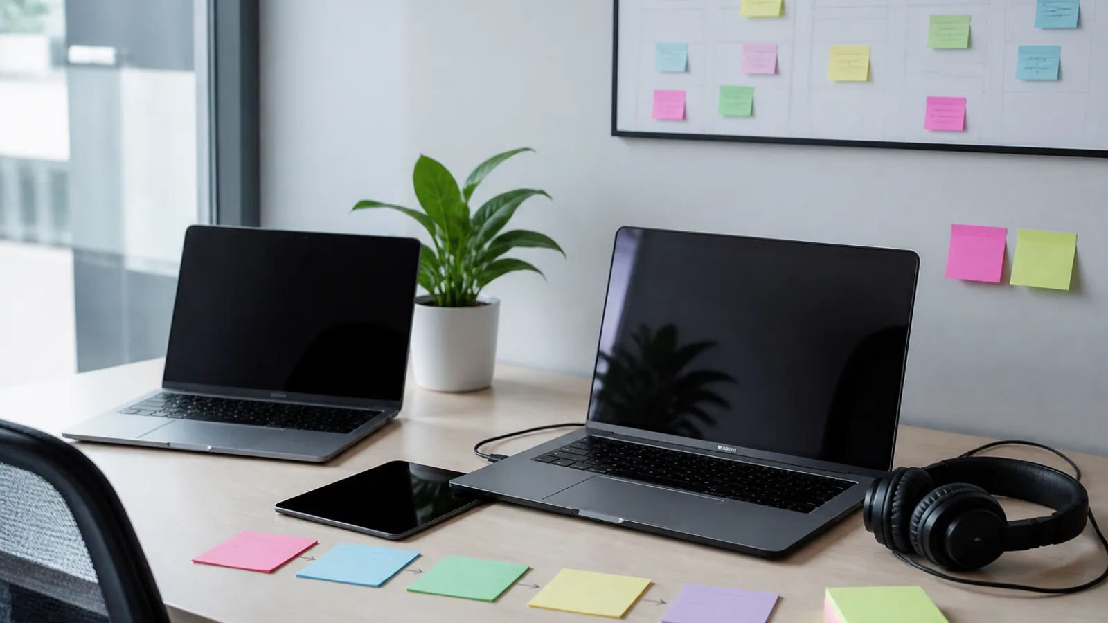 Laptops, tablet, task cards, sticky notes, headset, cables, and a project calendar fill a shared workspace.