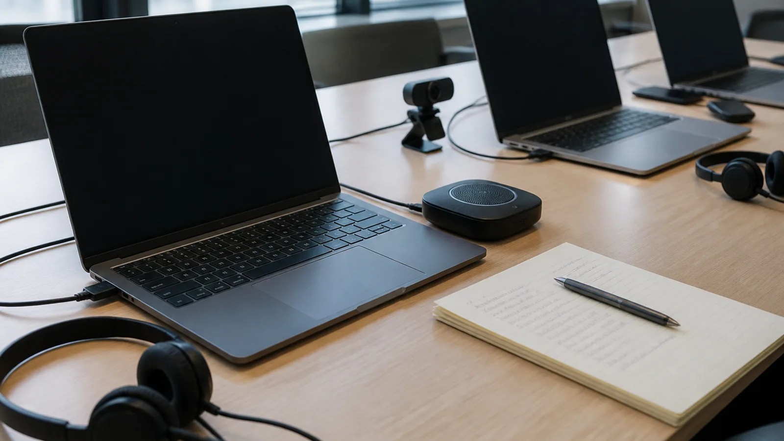 Laptops, webcams, speakerphones, headsets, cables, and meeting notes arranged across an office workstation.