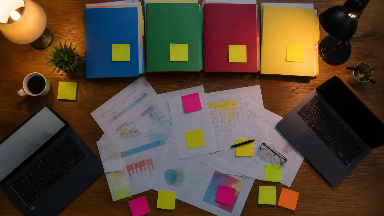 Four project folders, marked papers, sticky notes, calendars, and dark laptops occupy a divided workspace.