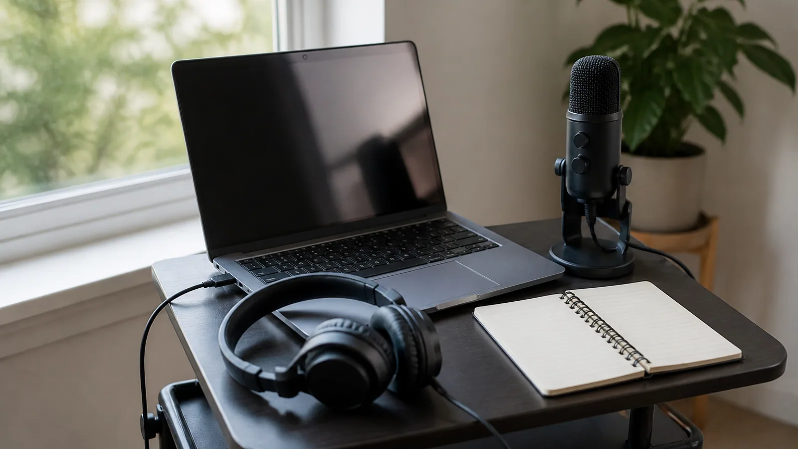 Laptop, webcam, headset, microphone, cables, and notebook on a compact workstation.