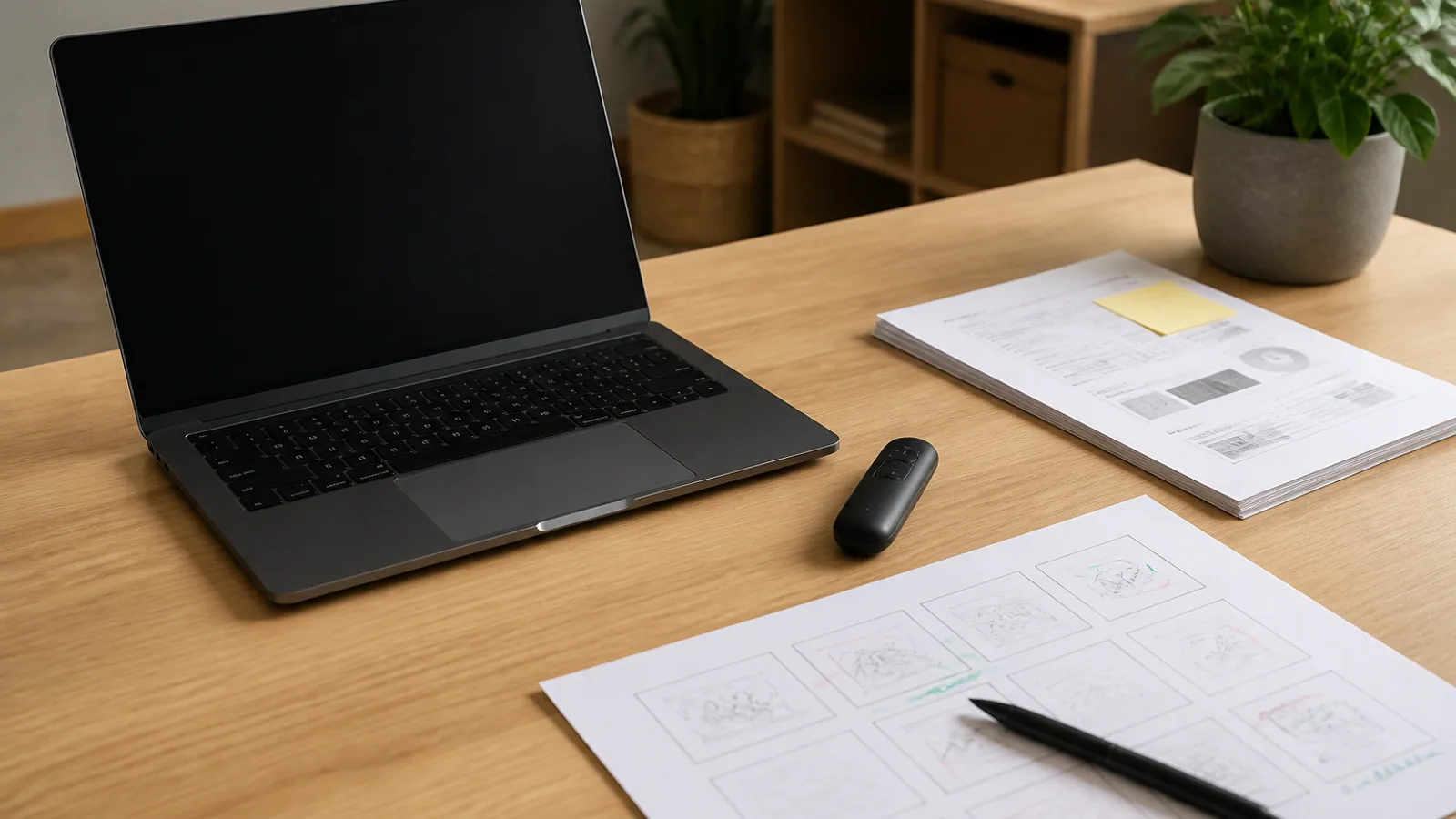 Laptop, presenter remote, printed notes, and storyboard arranged on a desk.