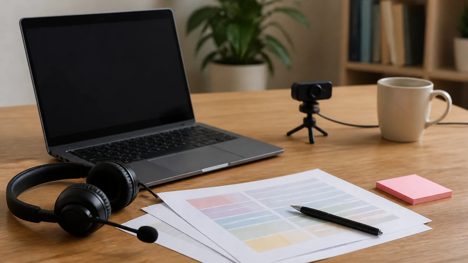 Laptop, headset, lesson plans, sticky notes, and webcam arranged on a home-office desk.
