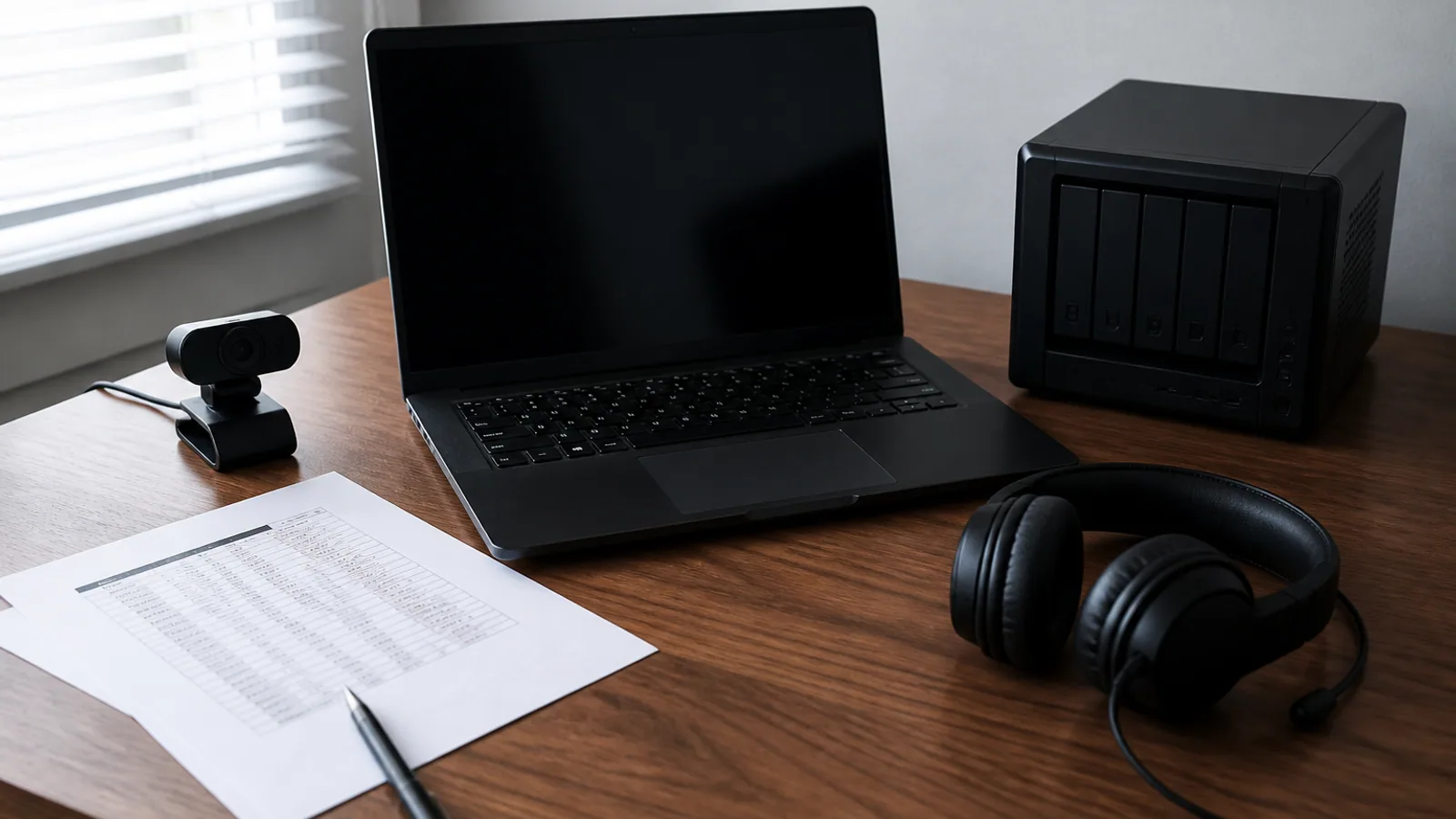 Laptop, webcam, headset, comparison notes, and compact server chassis arranged on a desk.