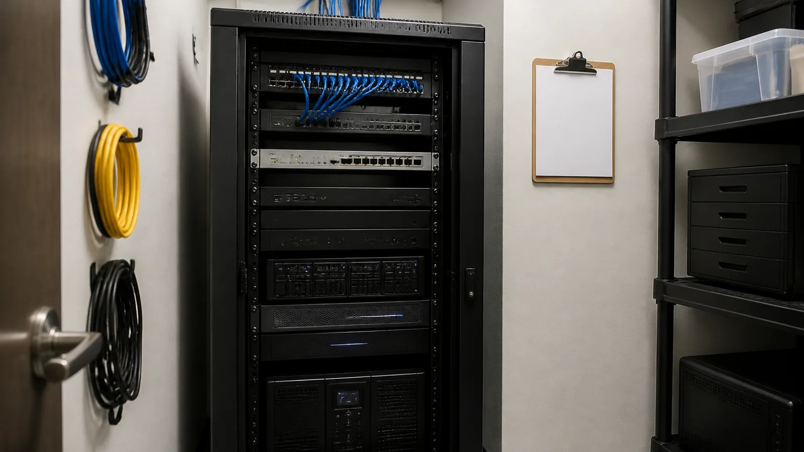 Network rack, backup drives, labeled cables, and a maintenance checklist fill a compact business IT closet.