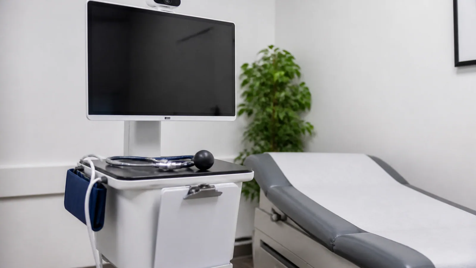 Telehealth cart, medical instruments, patient chart, and examination bed in a quiet clinic.