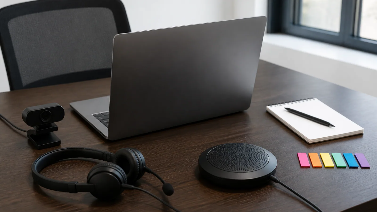 Laptop, webcam, headset, microphone, notepad, and colored sticky tabs arranged on a conference desk.