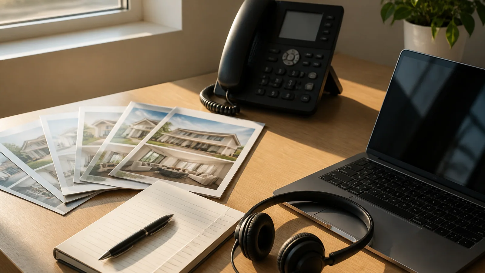 Printed campaign flyers, desk phone, headset, and call-tracking notes arranged on a marketing workspace.