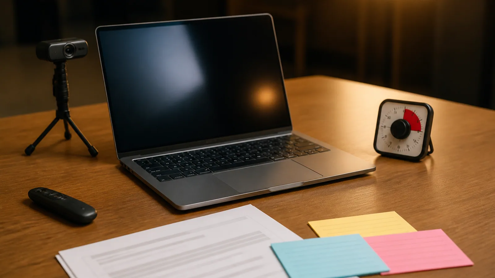 Laptop, webcam, clicker, cue cards, printed outline, and timer arranged on a presenter’s desk.