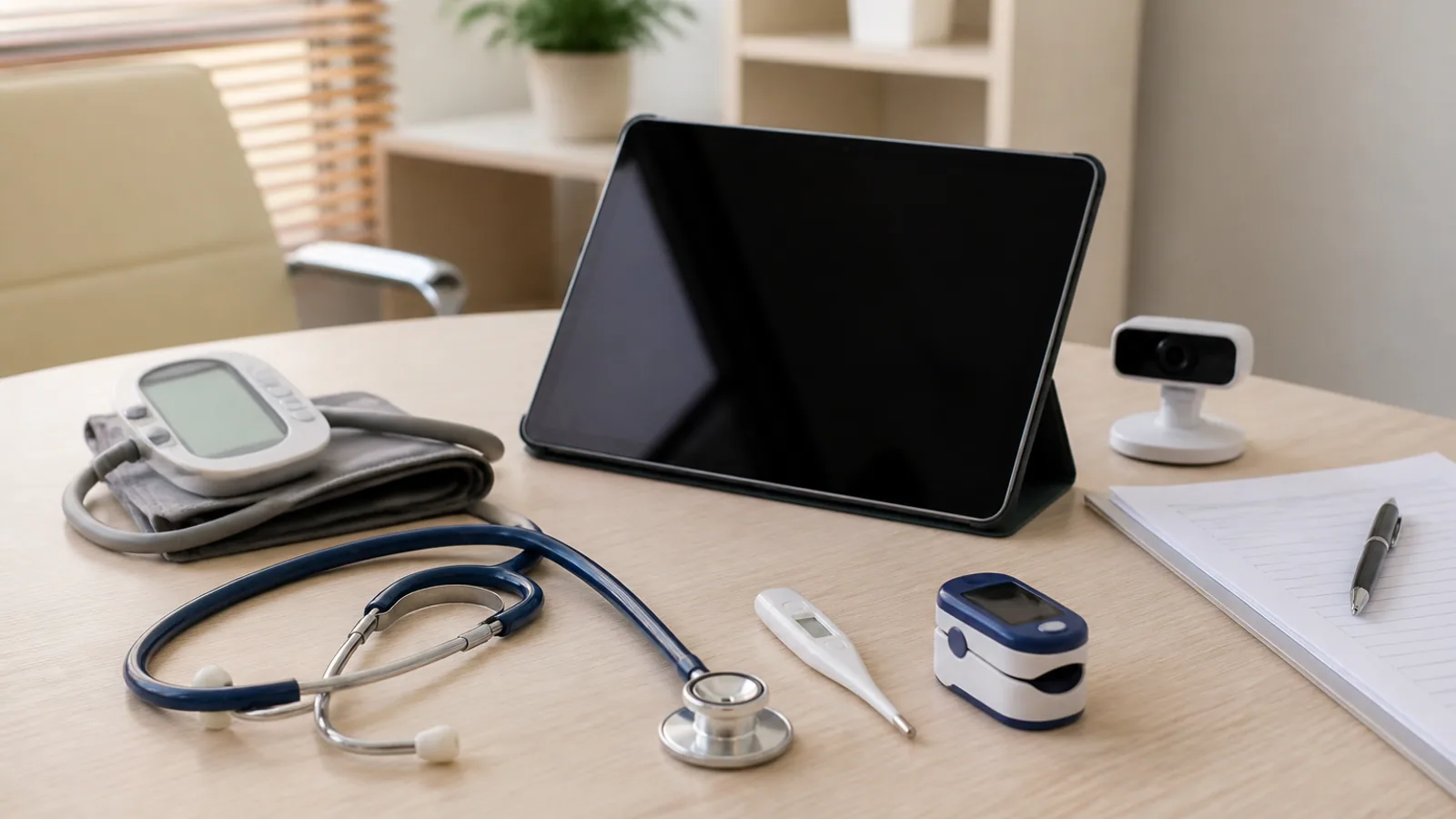 Stethoscope, telehealth tablet, webcam, pulse oximeter, and blood-pressure cuff arranged on a clinic desk.