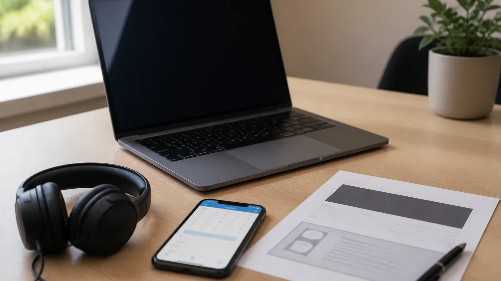 Laptop, phone, headphones, and printed webinar instructions arranged on a desk.